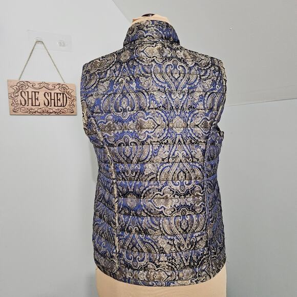 Chico's Reversible Quilted Vest Snap Front Sleeveless Blue Jacquard Black Jacket - Picture 6 of 15